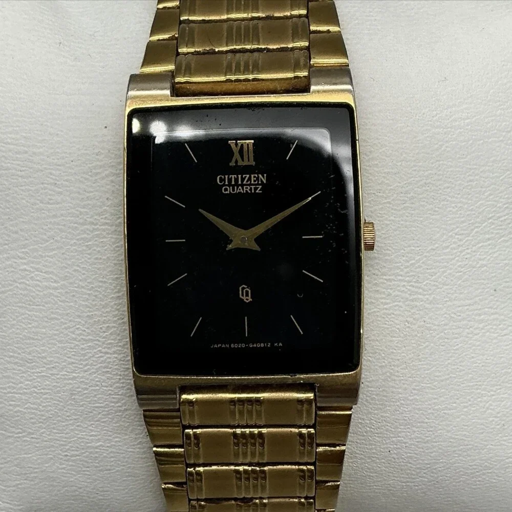 Vintage Citizen Mens Watch 24mm Black Dial Gold Tone Broken Band New Battery